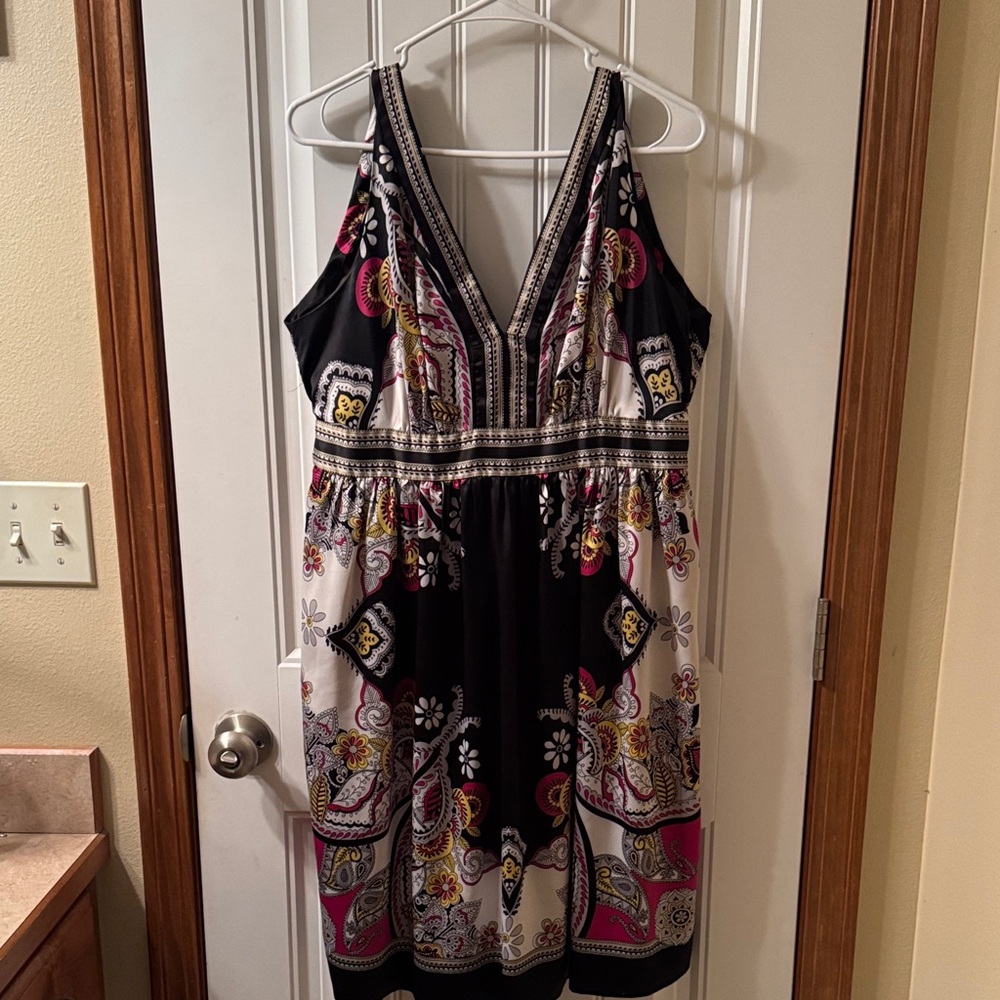 dressbarn V-Neck Paisley Midi Dress - Black and Pink